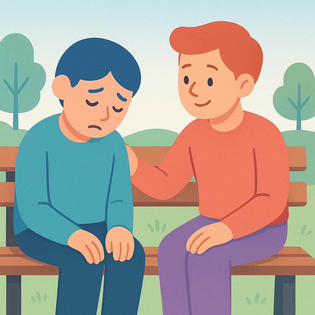 A high quality simple colorful illustration showing two stylized figures sitting side-by-side. One figure appears sad, and the other figure gently places a comforting hand on their shoulder, symbolizing empathy.