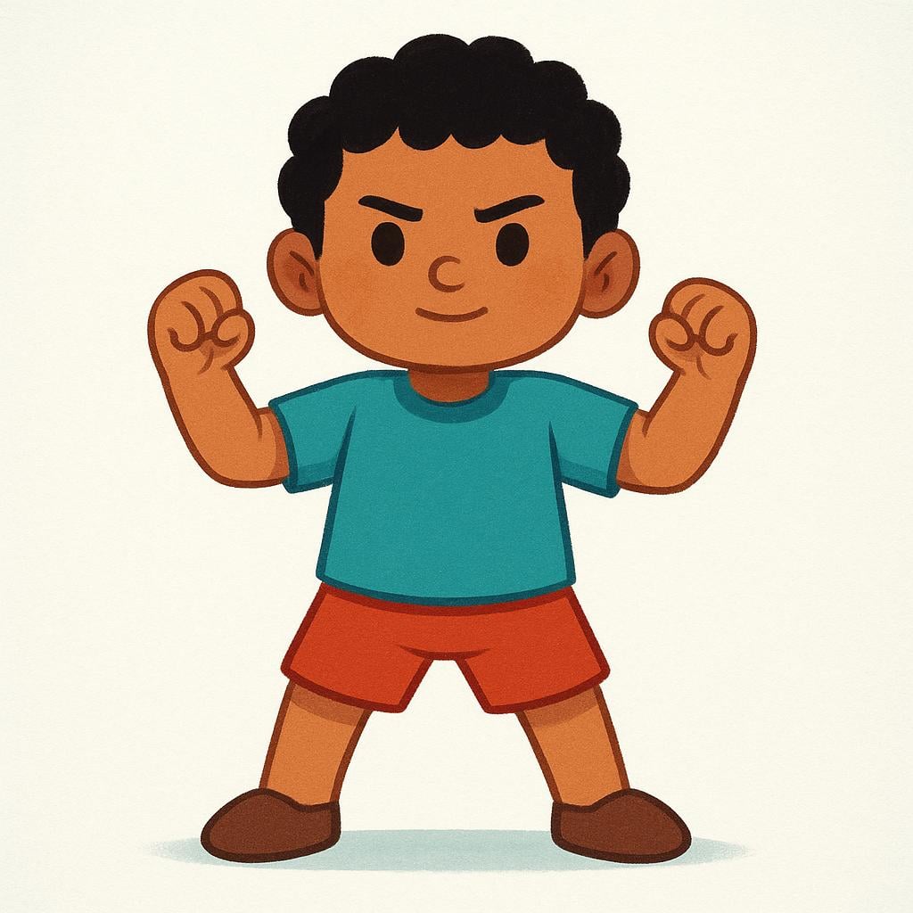 A high quality simple colorful storybook illustration showing a small child standing firmly with arms raised in a defensive posture, representing self-protection.