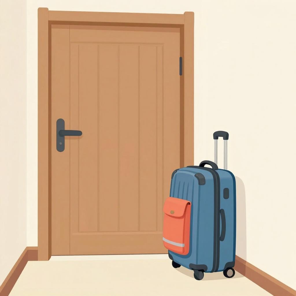 A packed suitcase sitting by a closed door with a raincoat hanging nearby.