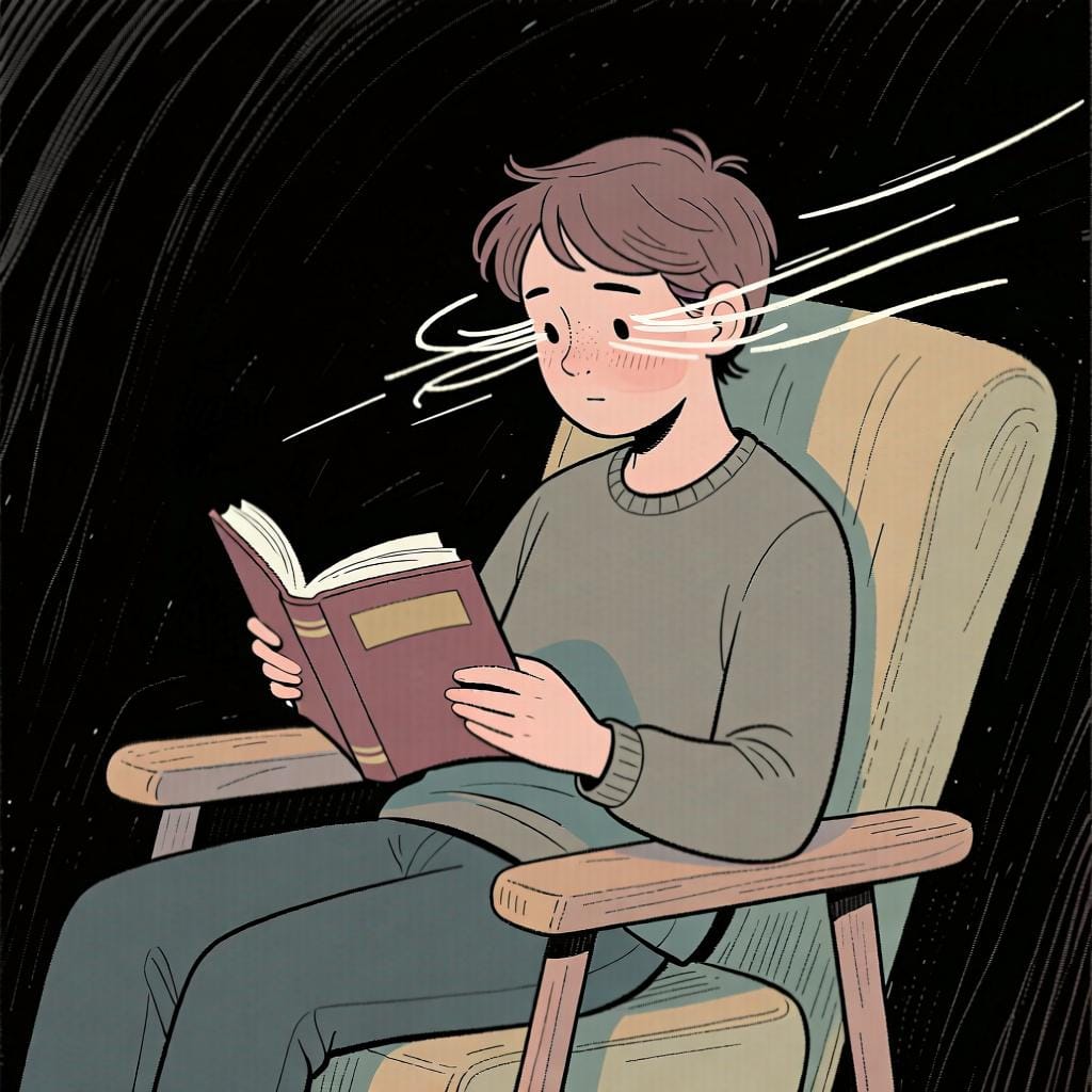 本を読んでいる人。進行中の動作を示す。