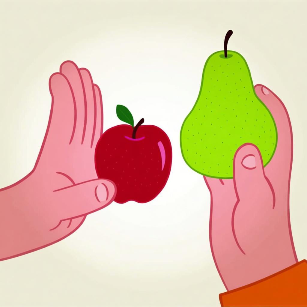 A hand pushing away a bright red apple while another hand holds up a bright green pear, symbolizing the correction of a negative choice.