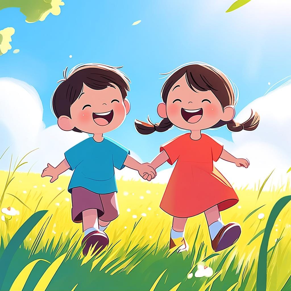 Two children, a boy and a girl, holding hands and laughing while standing in a grassy field, illustrating a past relationship or characteristic.
