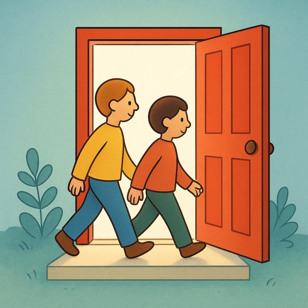 A high quality simple colorful storybook illustration showing two stylized figures actively stepping across the threshold of a large, open red door, moving from outside to inside.