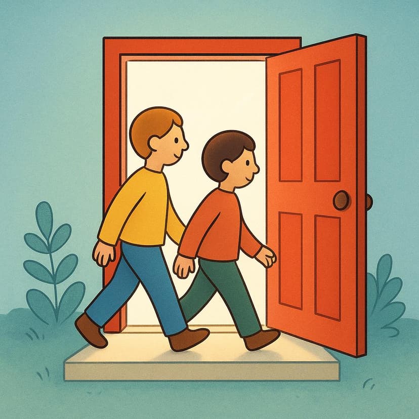 A high quality simple colorful storybook illustration showing two stylized figures actively stepping across the threshold of a large, open red door, moving from outside to inside.
