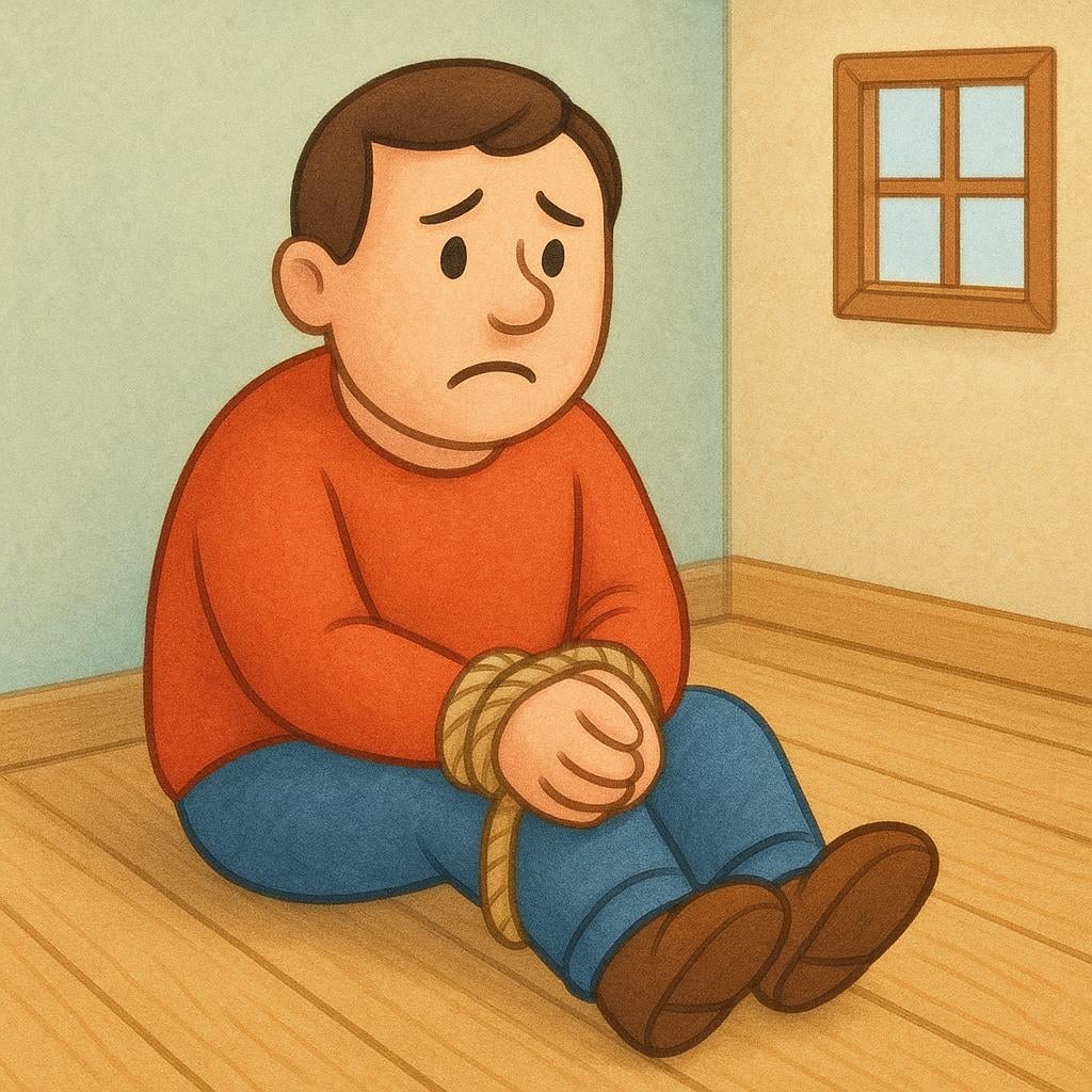 A stylized, simple storybook illustration of a single worried character sitting on the ground. Their wrists are loosely bound by a thick, simple rope, symbolizing being held against their will.