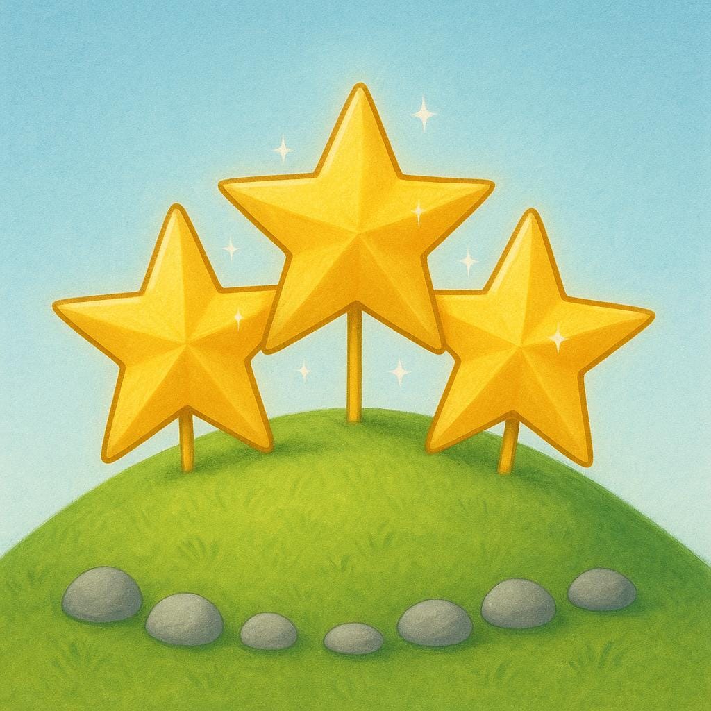 Three large, sparkling gold stars placed prominently on a grassy knoll, while several small, plain gray stones rest below the knoll.