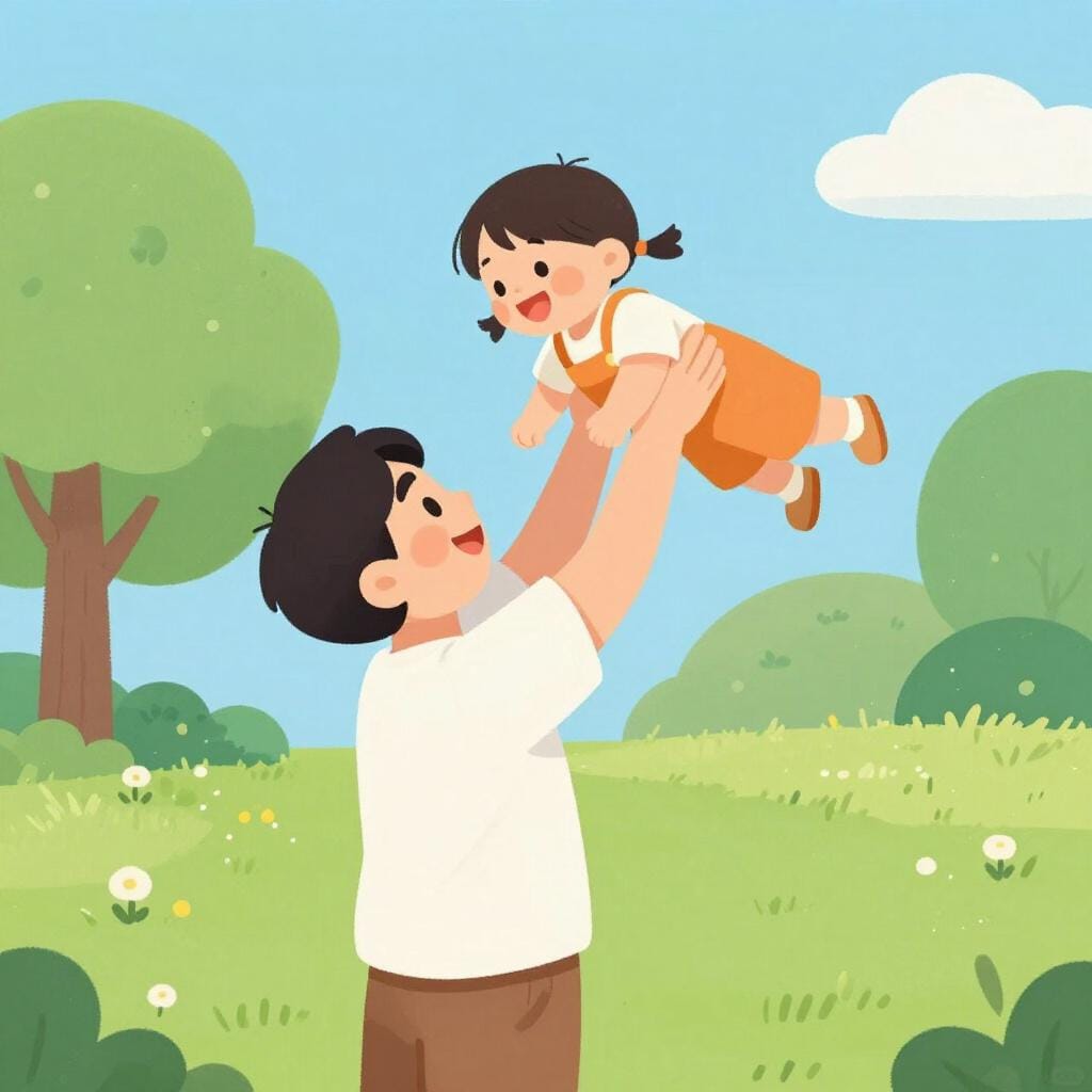 Un padre sorridente che gioca con il suo bambino in un parco.