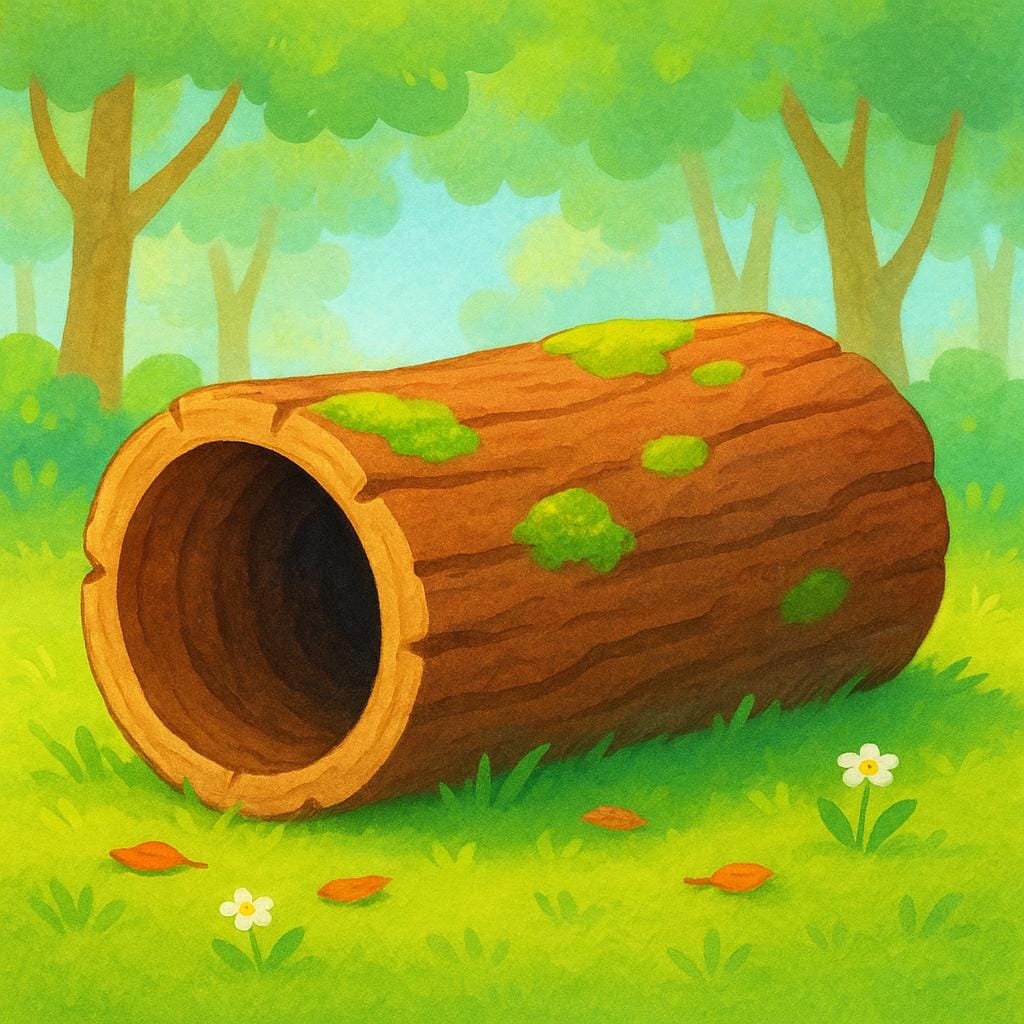 A thick, hollow log resting on the forest floor, showing its dark interior which serves as a perfect hiding spot.