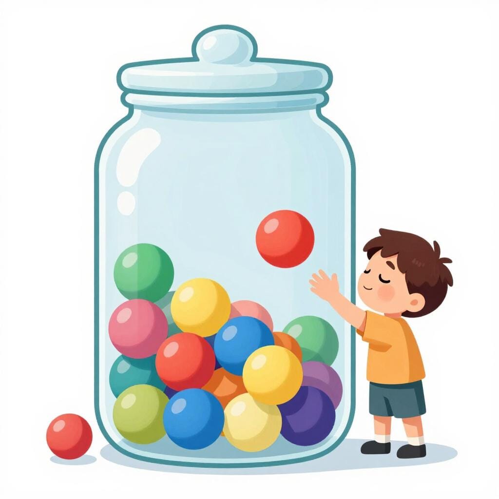 Un enfant aux yeux fermés piochant dans un grand bocal en verre rempli de boules de différentes couleurs pour en choisir une au hasard.