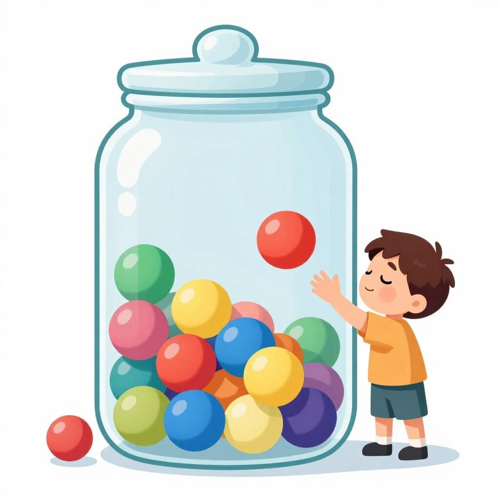 Een kind met gesloten ogen dat in een grote glazen pot vol met verschillende gekleurde ballen reikt om er willekeurig een te kiezen.