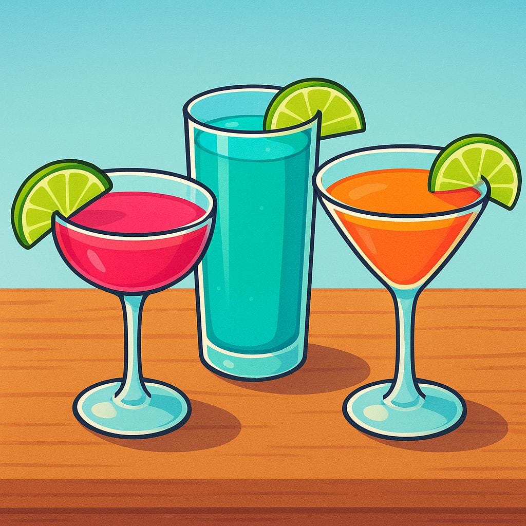 Three colorful cocktail drinks (a red drink, a yellow drink, and a blue drink) in distinct glasses, garnished simply, sitting on a smooth table.