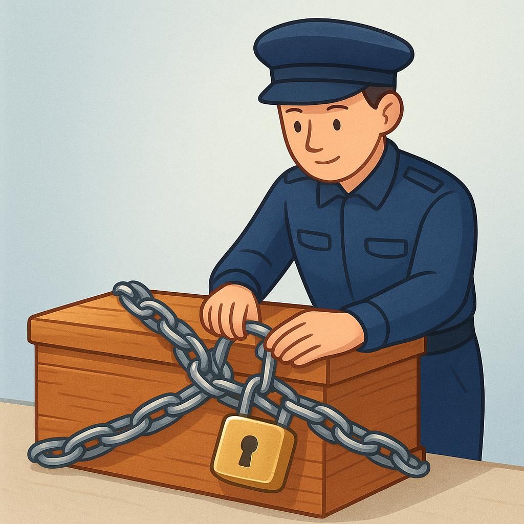 A uniformed authority figure is placing a large metal chain and padlock around a wooden storage chest, symbolizing the official seizure of property.