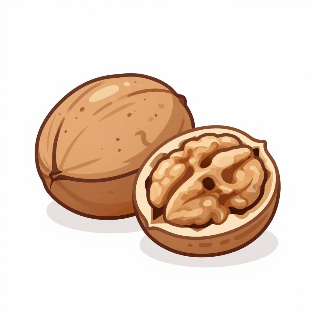 Uma noz inteira com casca ao lado de uma noz partida, mostrando a parte interna enrugada.