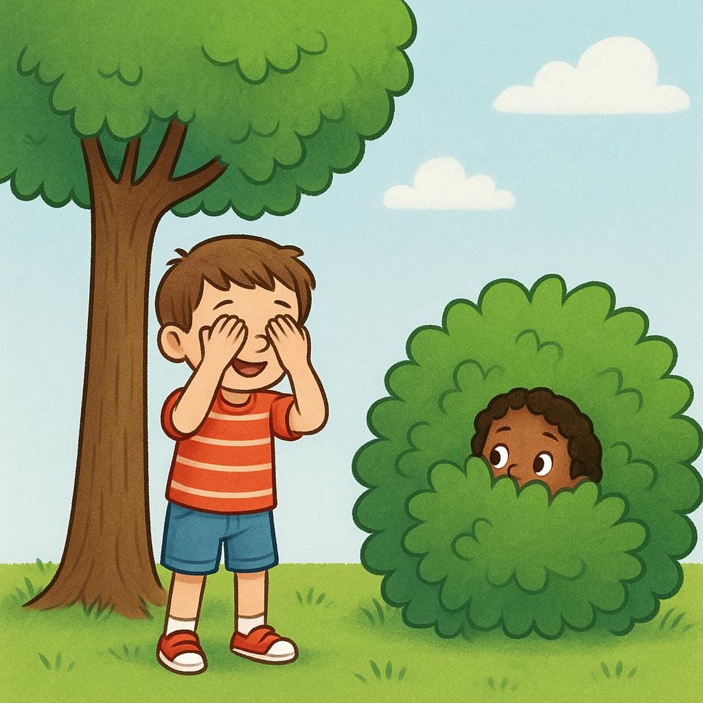 A colorful illustration of two children playing hide-and-seek outdoors. One child is covering their eyes while leaning against a large tree trunk, and another child is peeking out from behind a large bush.