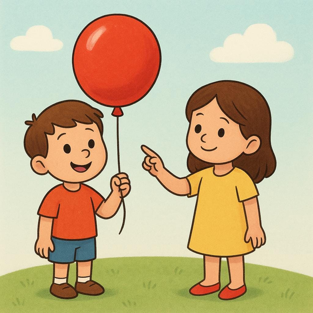 A colorful storybook illustration showing a smiling child holding a large, bright red balloon. Another child is standing nearby, gently pointing at the balloon, acknowledging the possession.