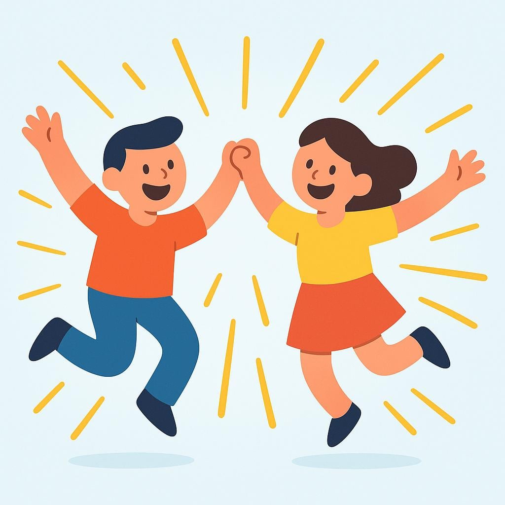 Two stylized human figures joyfully leaping high in the air with linked hands and wide smiles, symbolizing high morale.