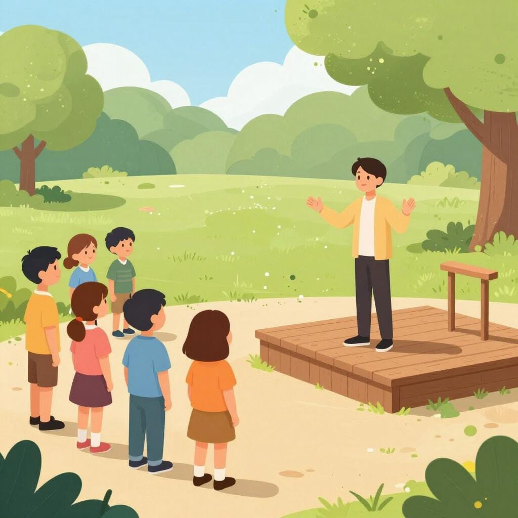 Eine Person steht auf einer kleinen Holzbühne in einem belebten Park und spricht unter strahlender Sonne zu einer vielfältigen Menge von Menschen.