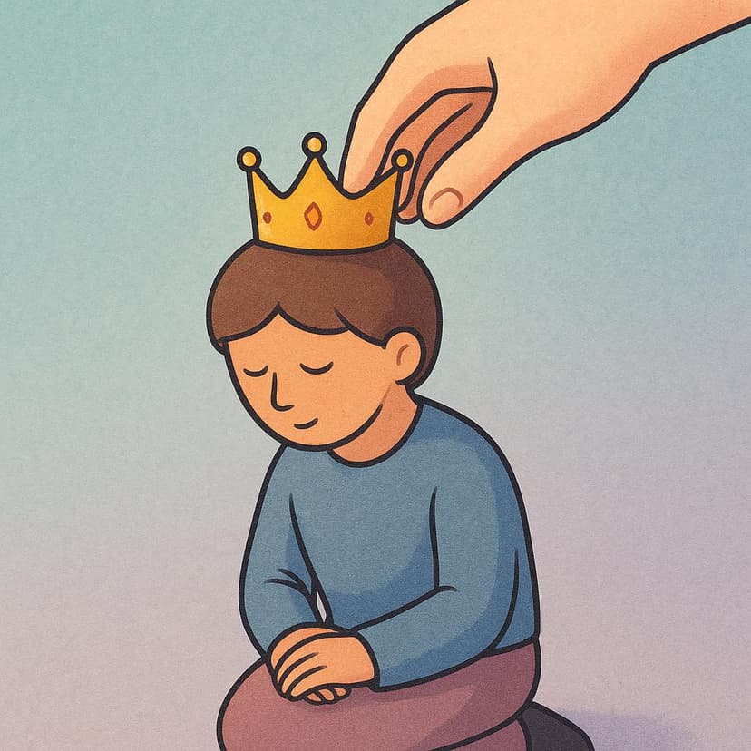 A simplified illustration of a person gently placing a small gold crown onto the head of another person.
