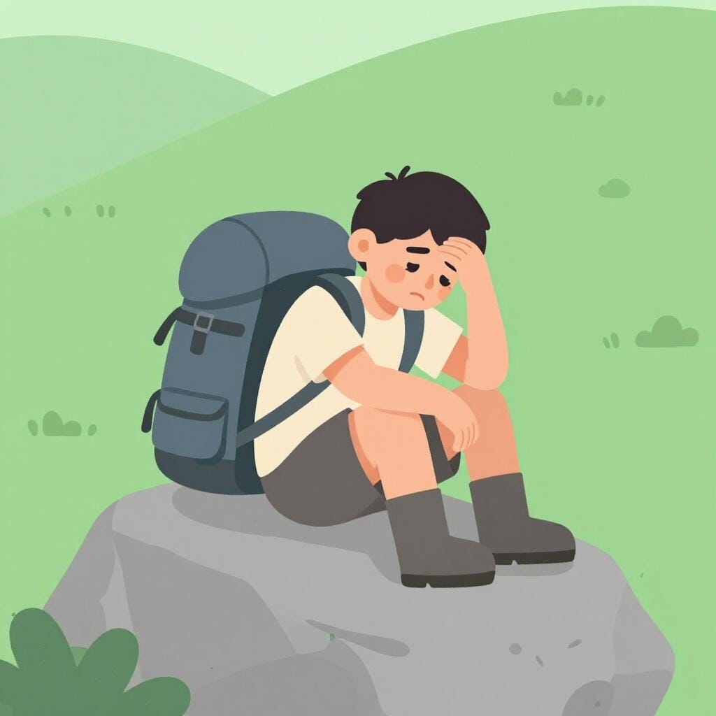 重いバックパックを背負い、額の汗を拭いながら岩に座っている疲れたハイカー。