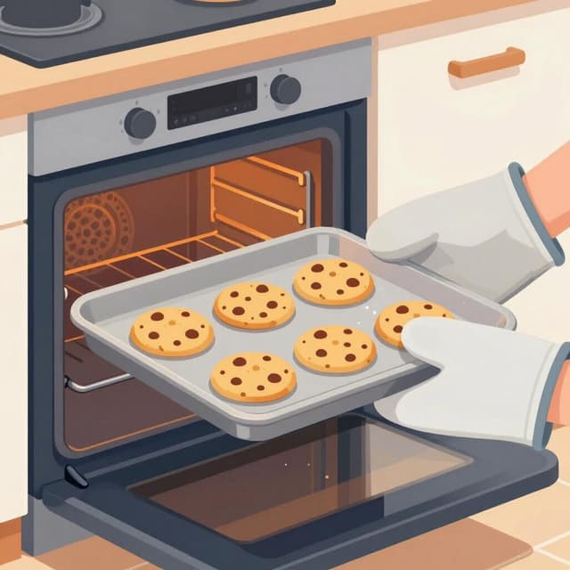 A tray of golden-brown cookies being taken out of a warm kitchen oven.