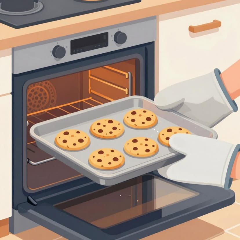 Uma assadeira com biscoitos dourados saindo de um forno quente de cozinha.