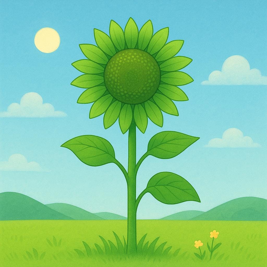 A single, very tall, healthy green sunflower standing in a sunny field, symbolizing significant growth.