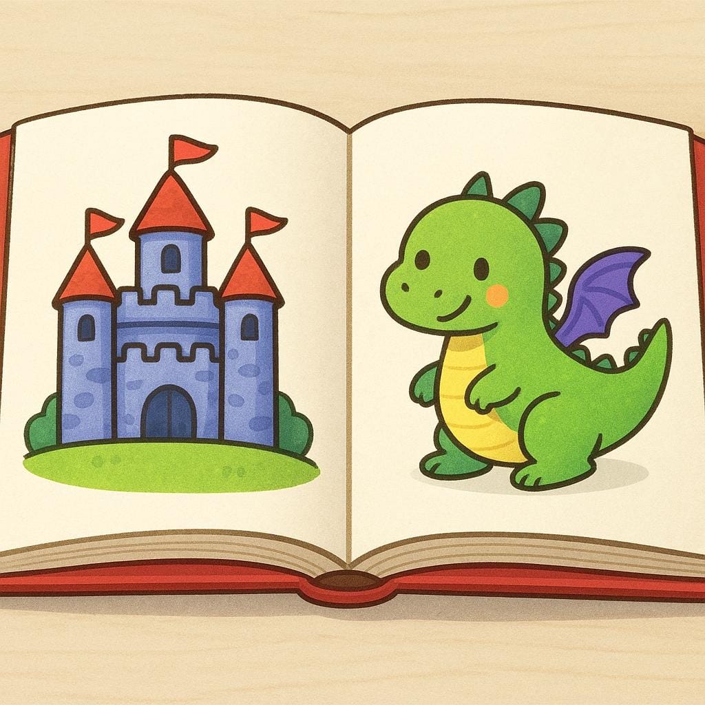 Een kleurrijk, openliggend prentenboek op een oppervlak, met eenvoudige illustraties van een kasteel en een vriendelijke draak die uit de bladzijden komt.