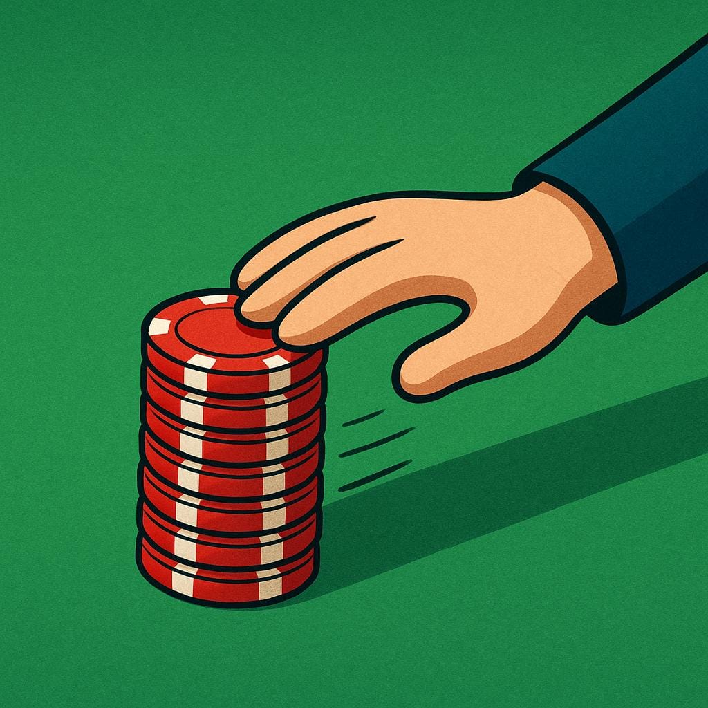 A single cartoon hand pushing a stack of red poker chips forward onto a green gaming table.