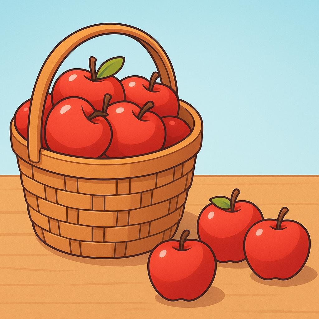 A wooden basket overflowing with red apples. Next to the basket, a small, distinct pile of three apples is separated from the main group.