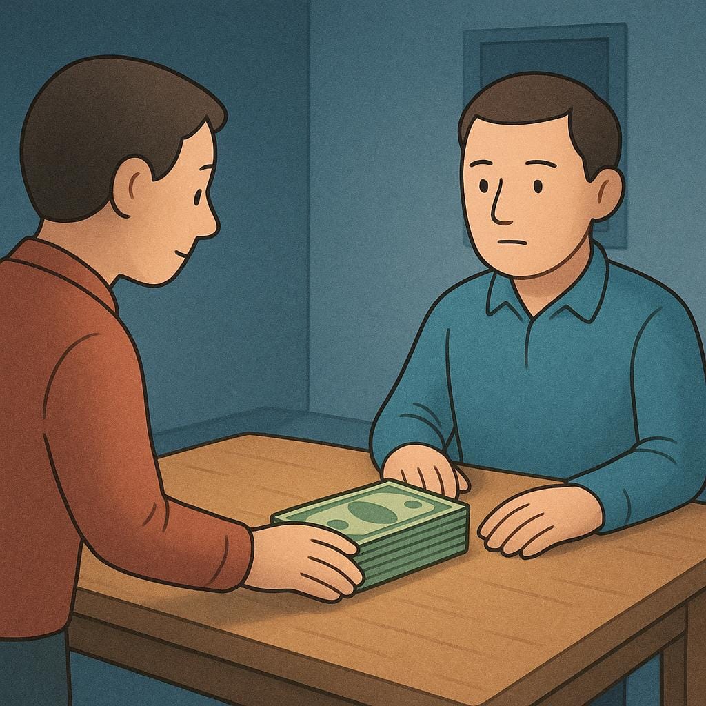 Two figures meeting in a dark, empty room. One figure is discreetly sliding a large stack of cash across a plain wooden table towards the other figure, suggesting a bribe.
