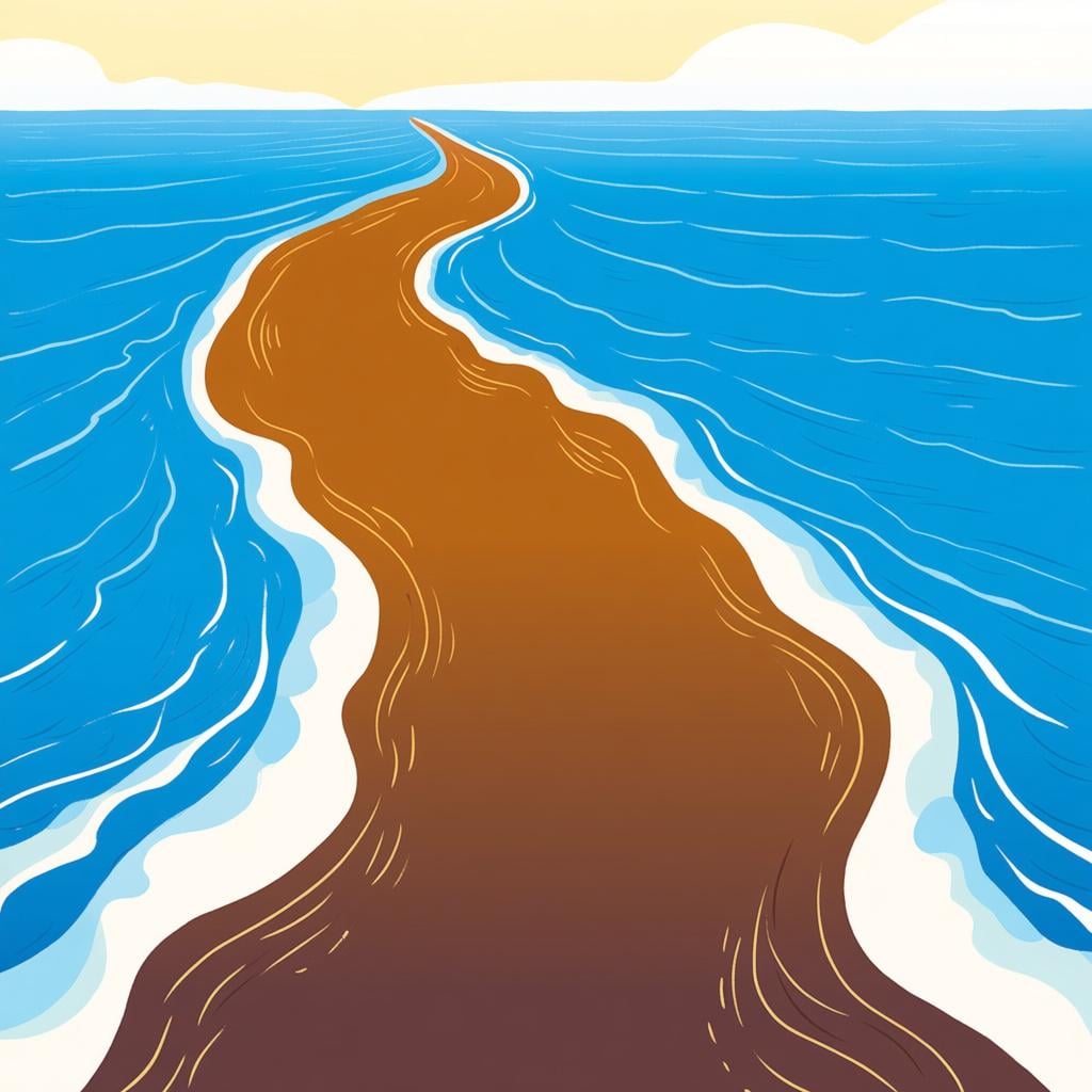 A scenic illustration of a wide, brown river flowing directly into the vast blue ocean, clearly showing the delta where the river opens up.
