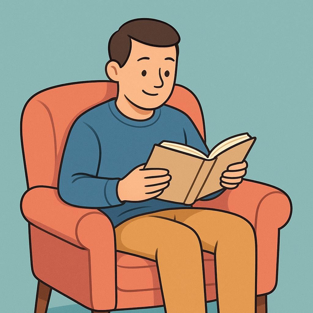 A person sitting in a cozy armchair, holding an open book and looking at the pages.