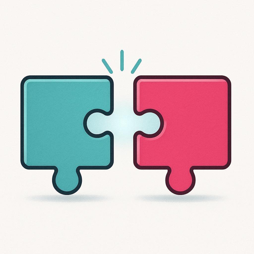 Two brightly colored, simple geometric puzzle pieces are shown in the moment they connect perfectly in the center of the image.