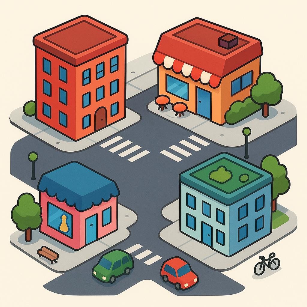 An aerial view of a typical urban area showing four buildings defining the perimeter of a square city block.