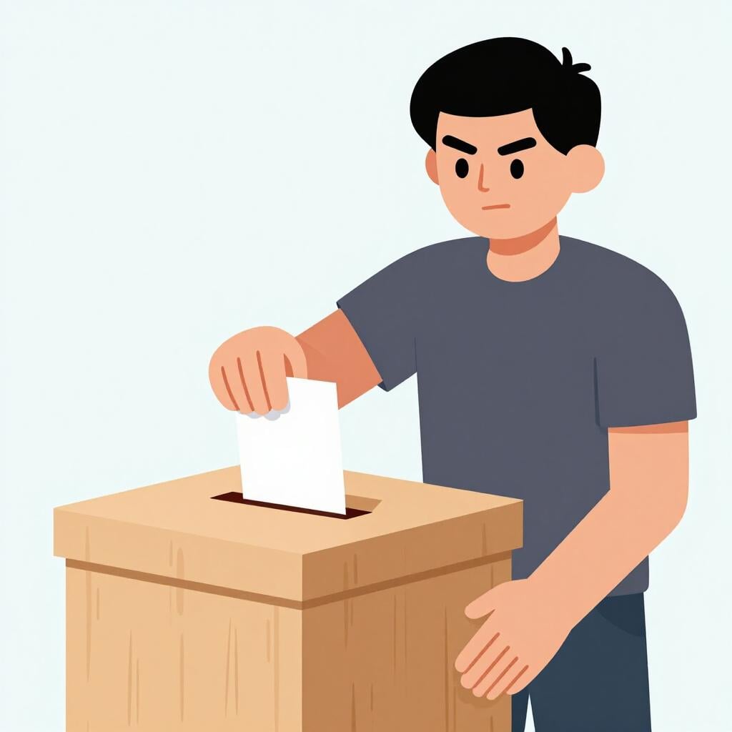 Uma pessoa a depositar um voto numa urna de madeira, mostrando apoio a uma república.