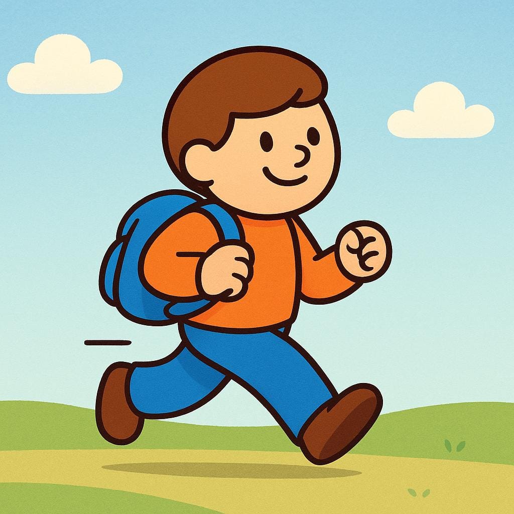 A simple storybook illustration of a cheerful figure walking away while carrying a small, colorful bag slung over their shoulder, symbolizing the act of taking an item with them.