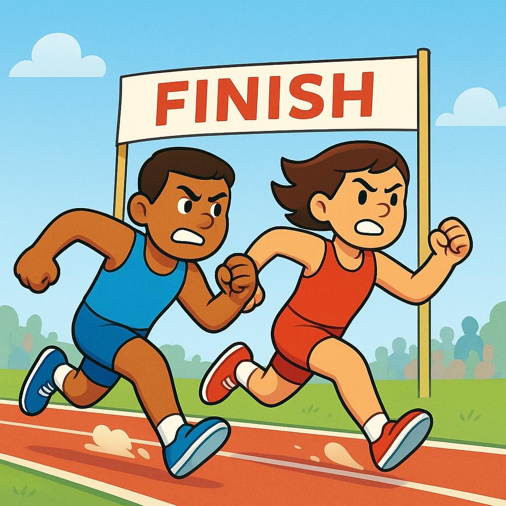 Two runners, one in blue and one in red, running side-by-side in a close race, illustrating a competitor or rival.