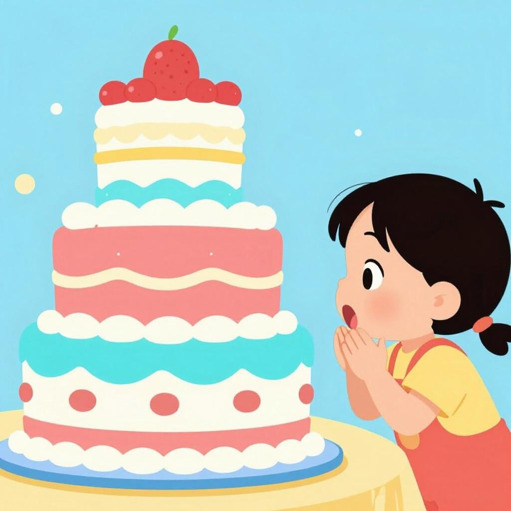 A child with wide eyes and a hand over their mouth looking at a large, colorful birthday cake.