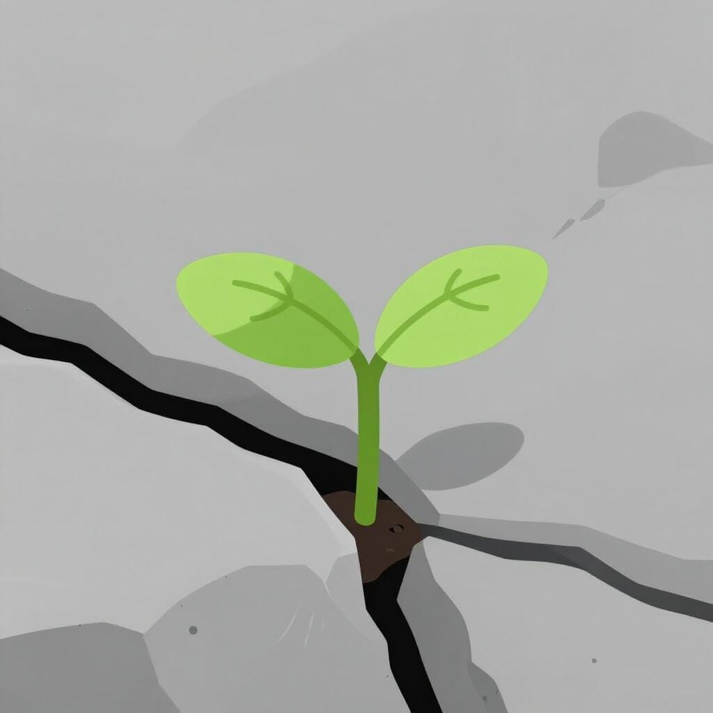 Um broto verde vibrante crescendo através de uma rachadura em um pavimento de pedra dura.