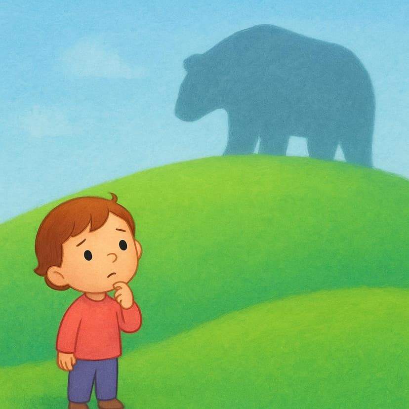 A person looking at a faint, slightly blurry silhouette of a large shape in the distance on a sunny hill, illustrating uncertainty about the appearance.