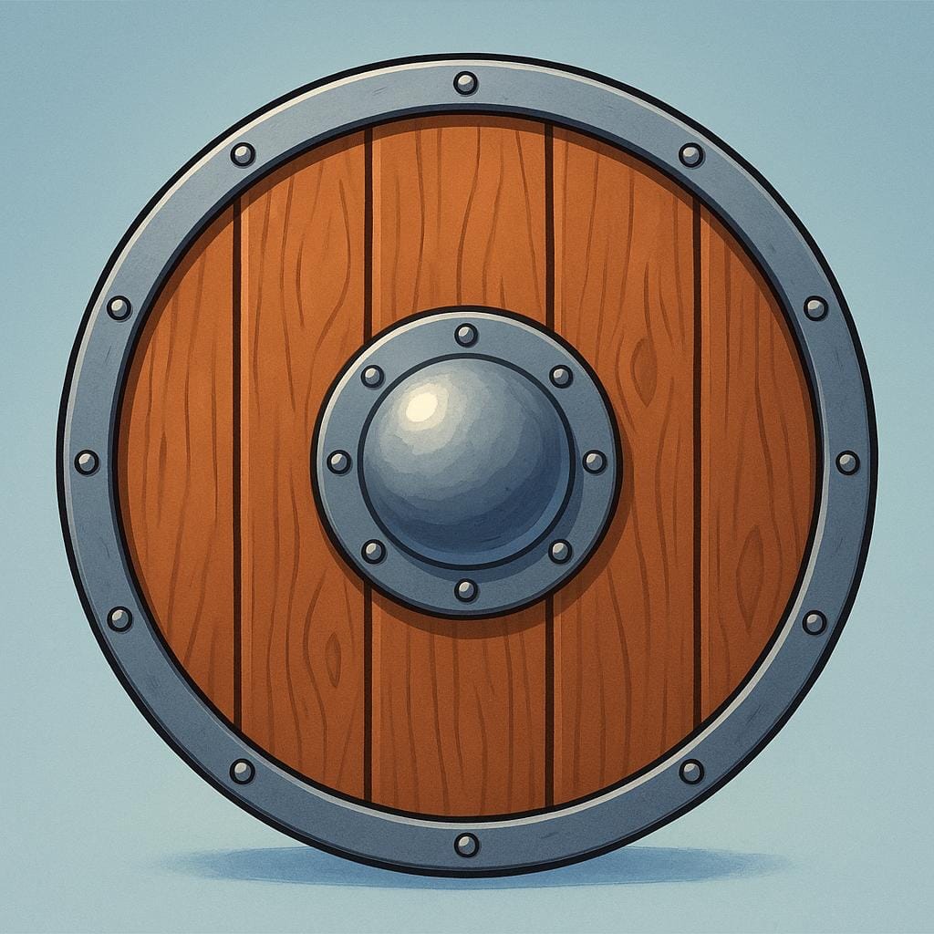 A round wooden shield with a central metal boss, used for protection.