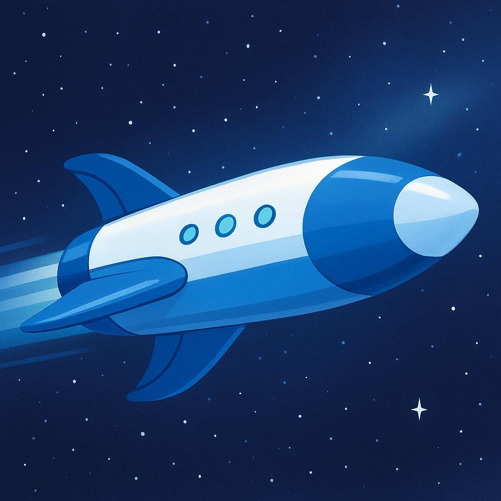 A large, sleek blue and white spaceship flying through the dark expanse of space, surrounded by stars.