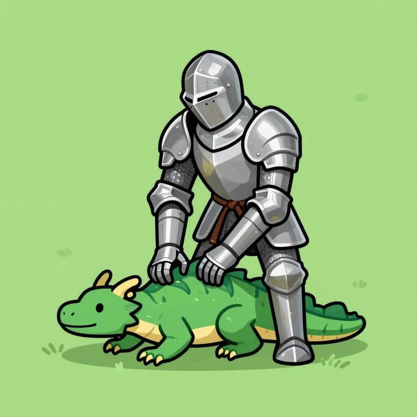 A powerful knight gently holding down a small dragon on the ground.