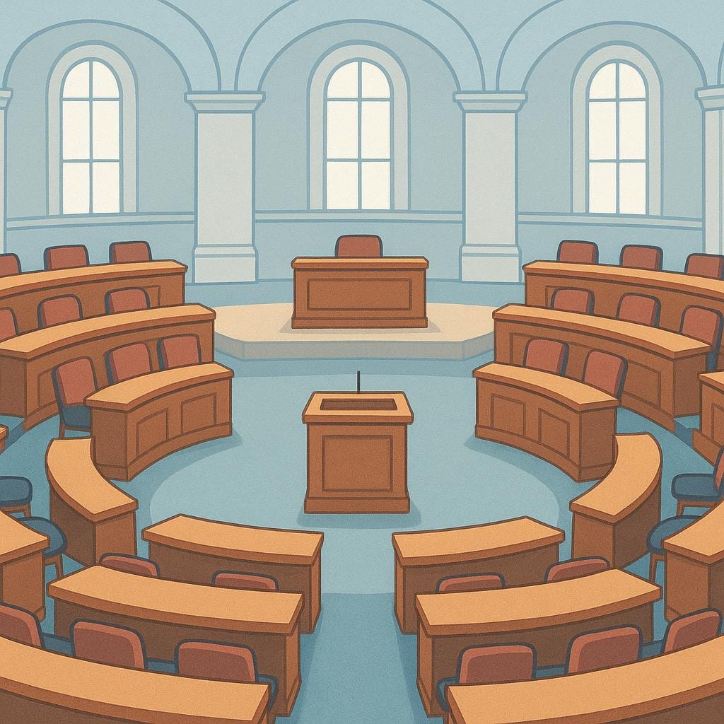 Ein großer, leerer, halbrunder Raum, der für eine gesetzgebende Versammlung konzipiert ist und gestufte Reihen von Holztischen zeigt, die auf ein zentrales erhöhtes Podium ausgerichtet sind.