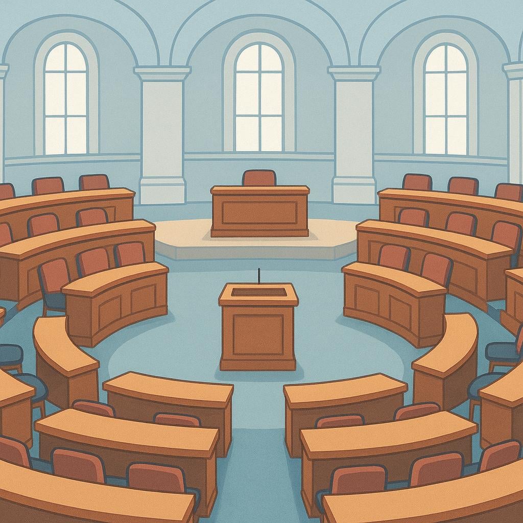 A large, empty, semi-circular room designed for legislative assembly, featuring tiered rows of wooden desks facing a central raised podium.