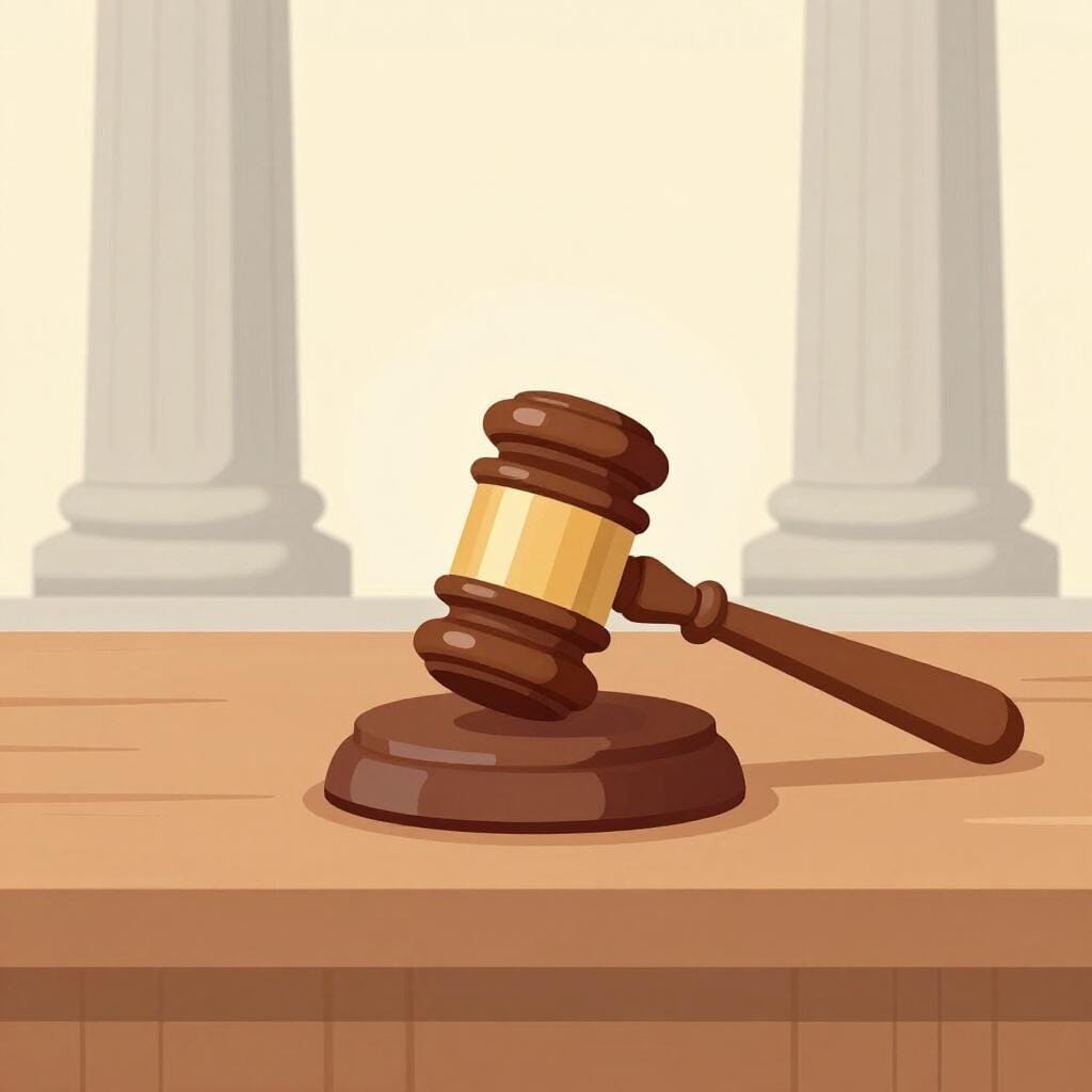 A wooden gavel resting on a polished wooden desk in a formal room with tall pillars.