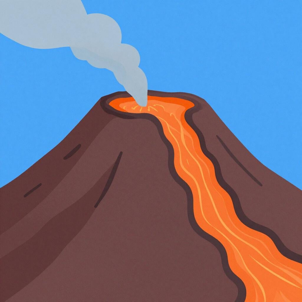 A large conical mountain with smoke and bright orange lava flowing down its sides.