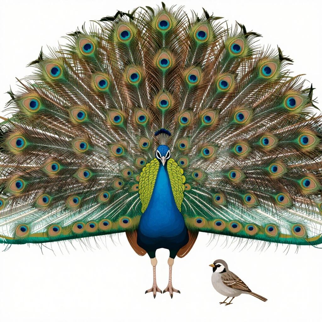 A small, dull grey bird sitting in the shadow of a large, magnificent peacock with vibrant feathers.