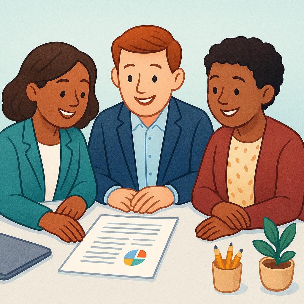 Drie diverse mensen in professionele kleding, zittend aan een bureau en blij kijkend naar een gedeeld document, wat samenwerkende werknemers symboliseert.