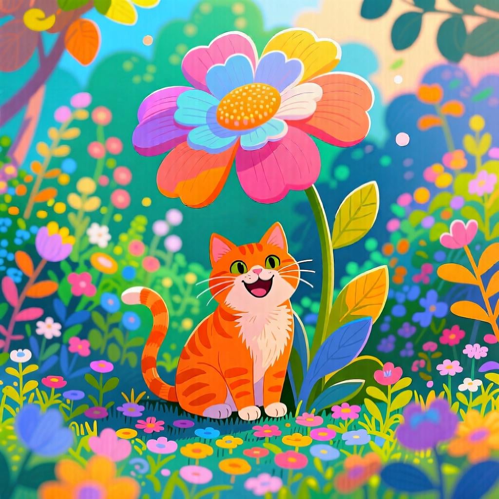 An orange cat sitting visibly in a lush garden, illustrating the concept of existence ("There is a cat").